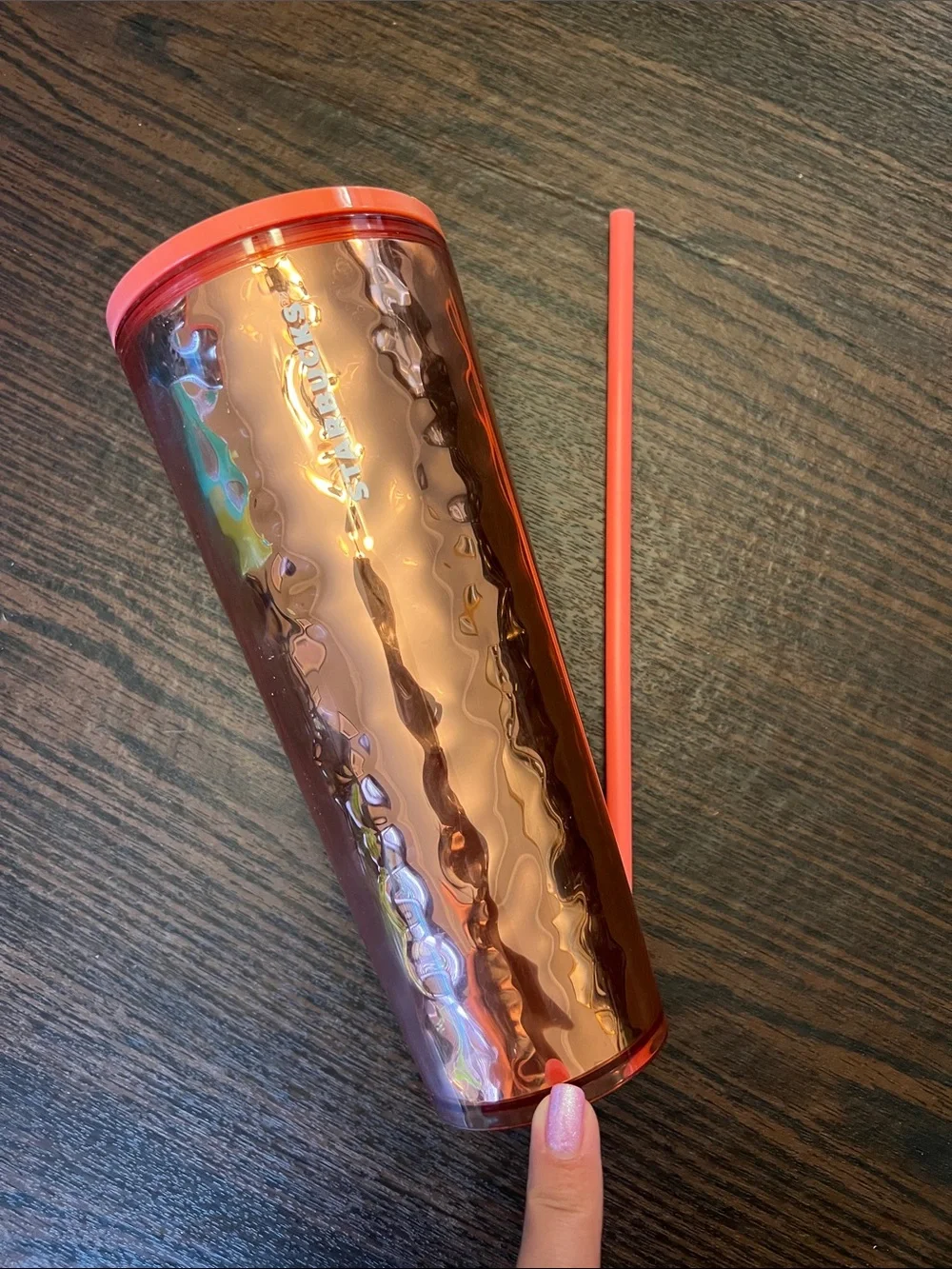 Starbucks Rose Gold Textured Tumbler with Coral Lid and Straw